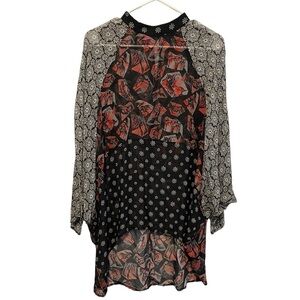Save The Queen Sheer Mixed Print High Neck High Low Tunic Novelty Print